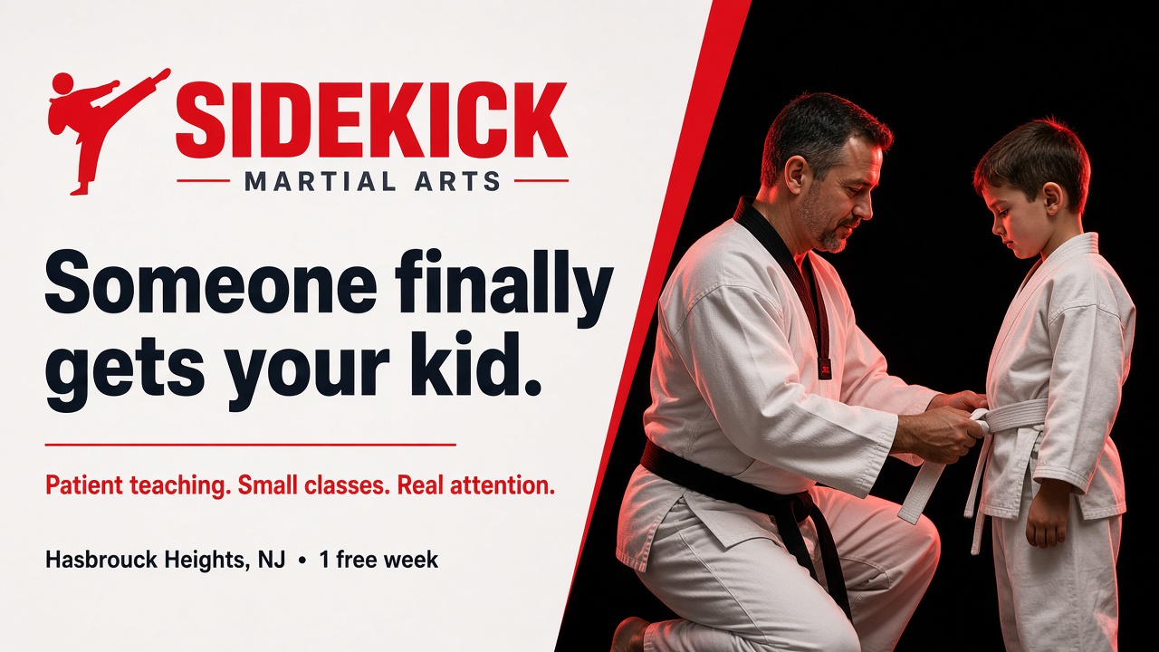 Instructor tying a young student's belt, with the words: Someone finally gets your kid